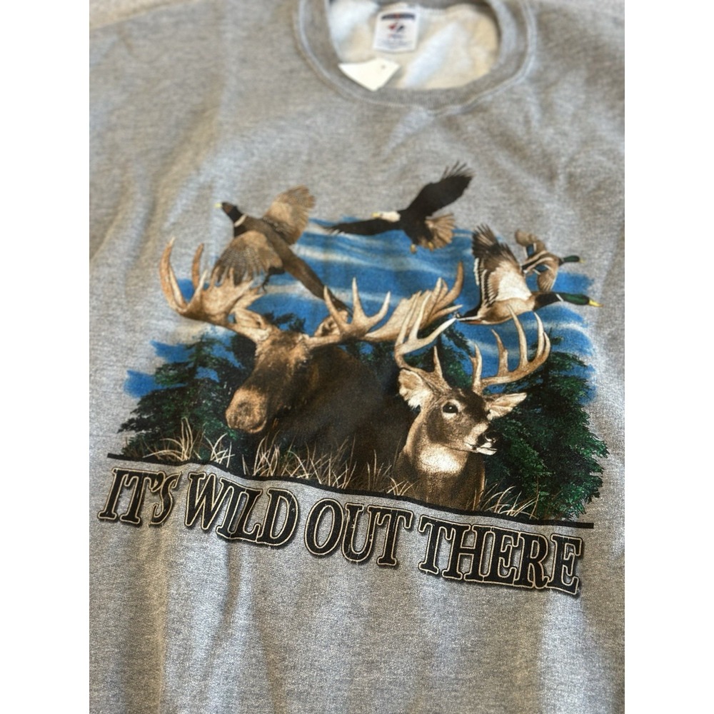 VTG Y2K JERZEES Crewneck Sweater Gray Nature Hunting Fishing Sweatshirt - Picture 4 of 8